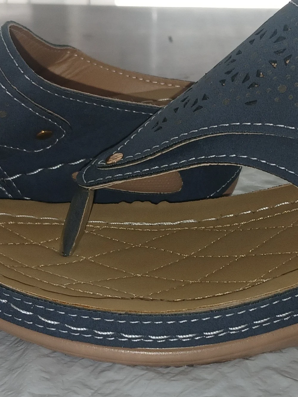 Source Unknown Navy Blue Laser-Cut Thong Sandals with Gold Accents